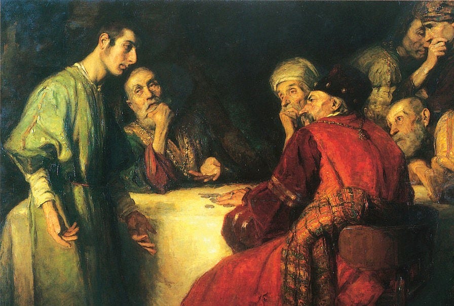 Photo of a painting by János Pentelei Molnár, called 'The Thirty Pieces of Silver,' depicting Judas Iscariot negotiating with the Chief Priests to hand over Jesus to them.