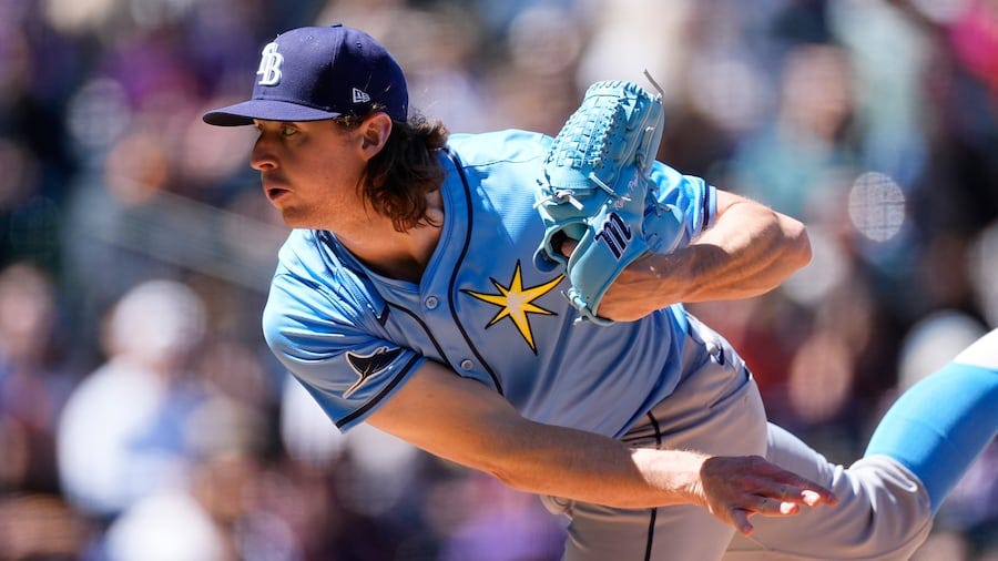 Rays starting pitcher Ryan Pepiot works against the Colorado Rockies in the second inning of Sunday's game in Denver.