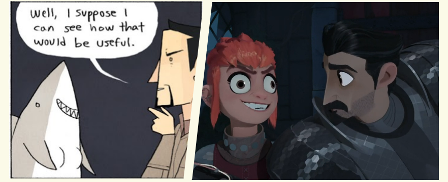 a side-by-side comparison of the comic frame of Ballister smirking at shark Nimona, saying "Well, I suppose I can see how that would be useful", while the movie screencap shows him looking at the grinning, eyes-buldging Nimona uneasily.