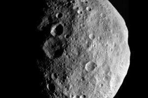 NASA’s Dawn spacecraft captured this image of Vesta as it left the giant asteroid’s orbit in 2012. The framing camera was looking down at the north pole, which is in the middle of the image. Credit: NASA/JPL-Caltech/UCLA/MPS/DLR/IDA