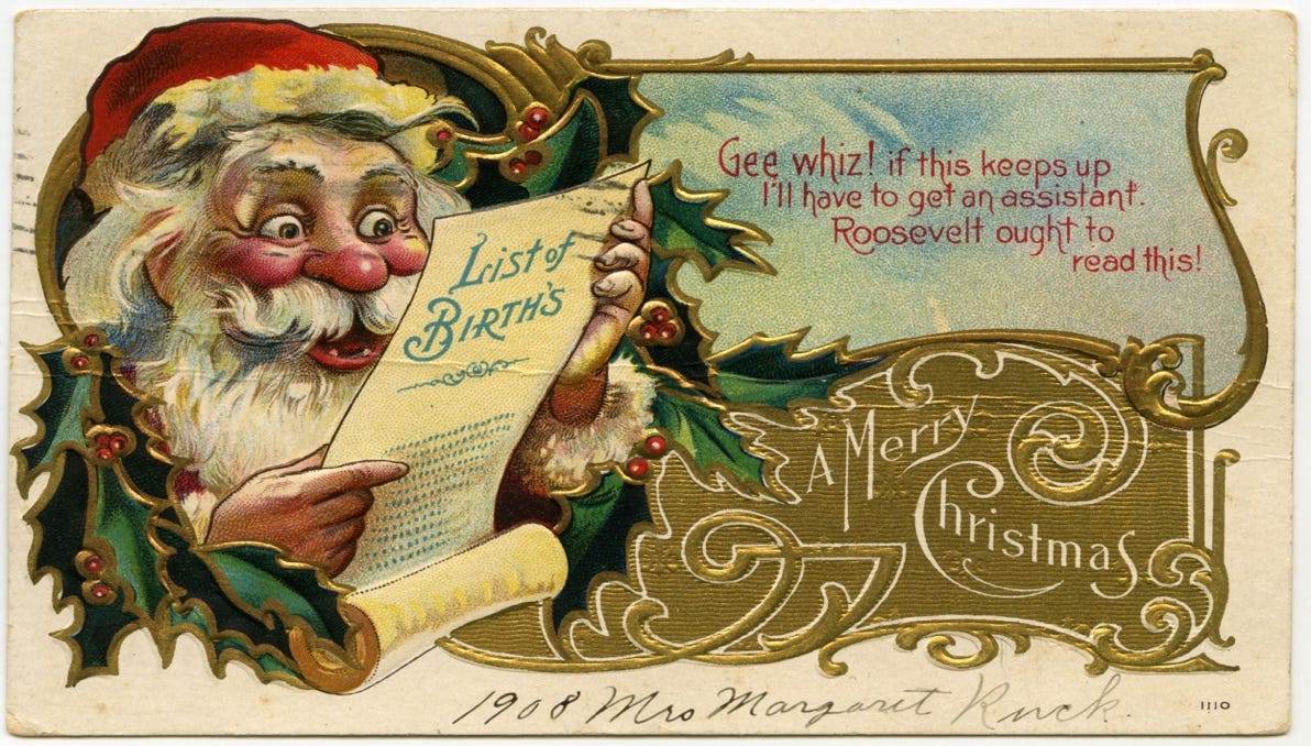 A Christmas card with Santa Claus holding a list of births
