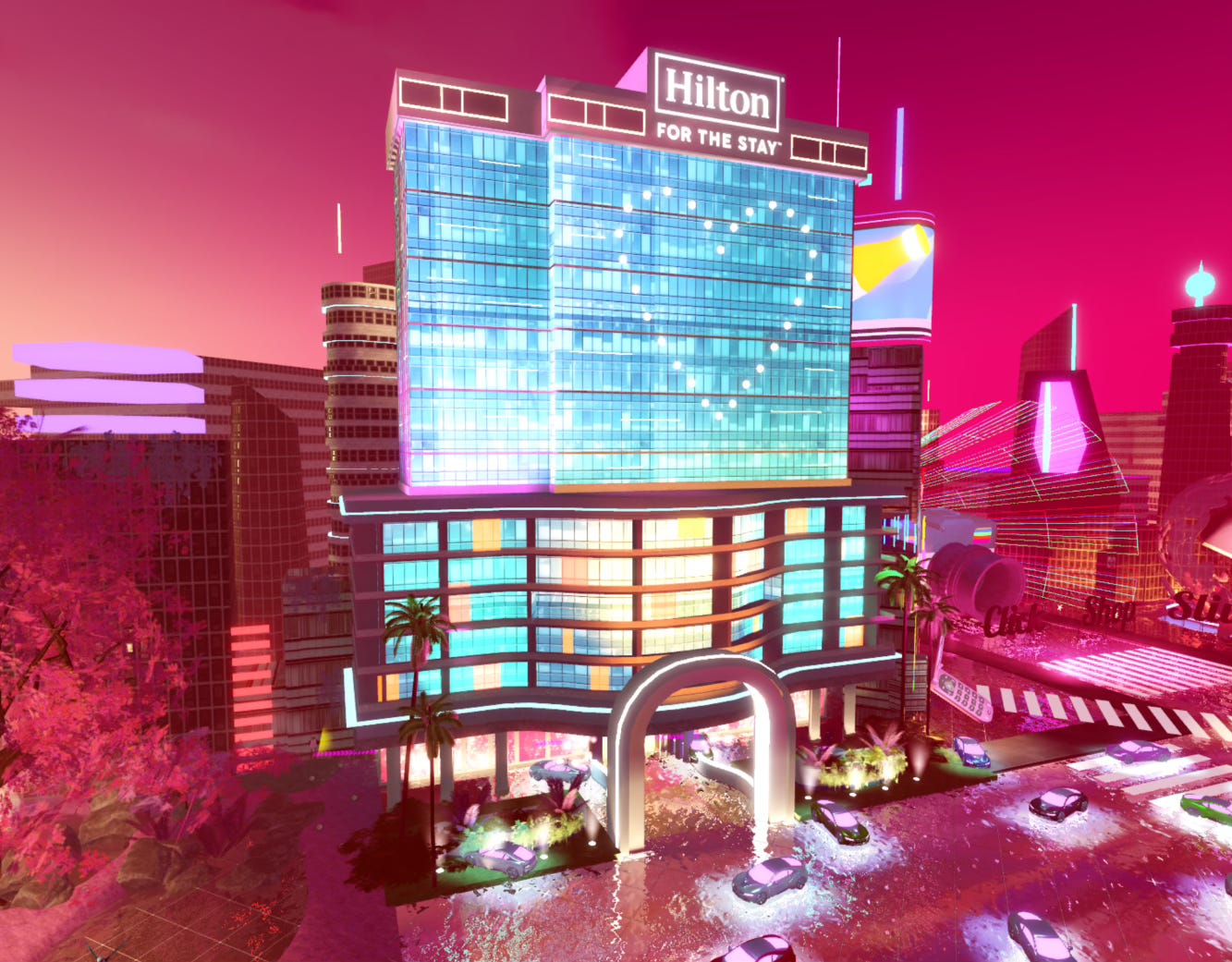 Exterior view of the Hilton hotel in the Slivingland Roblox experience