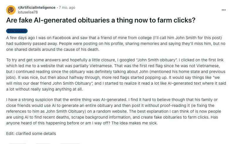 reddit post on ai-generated obituaries