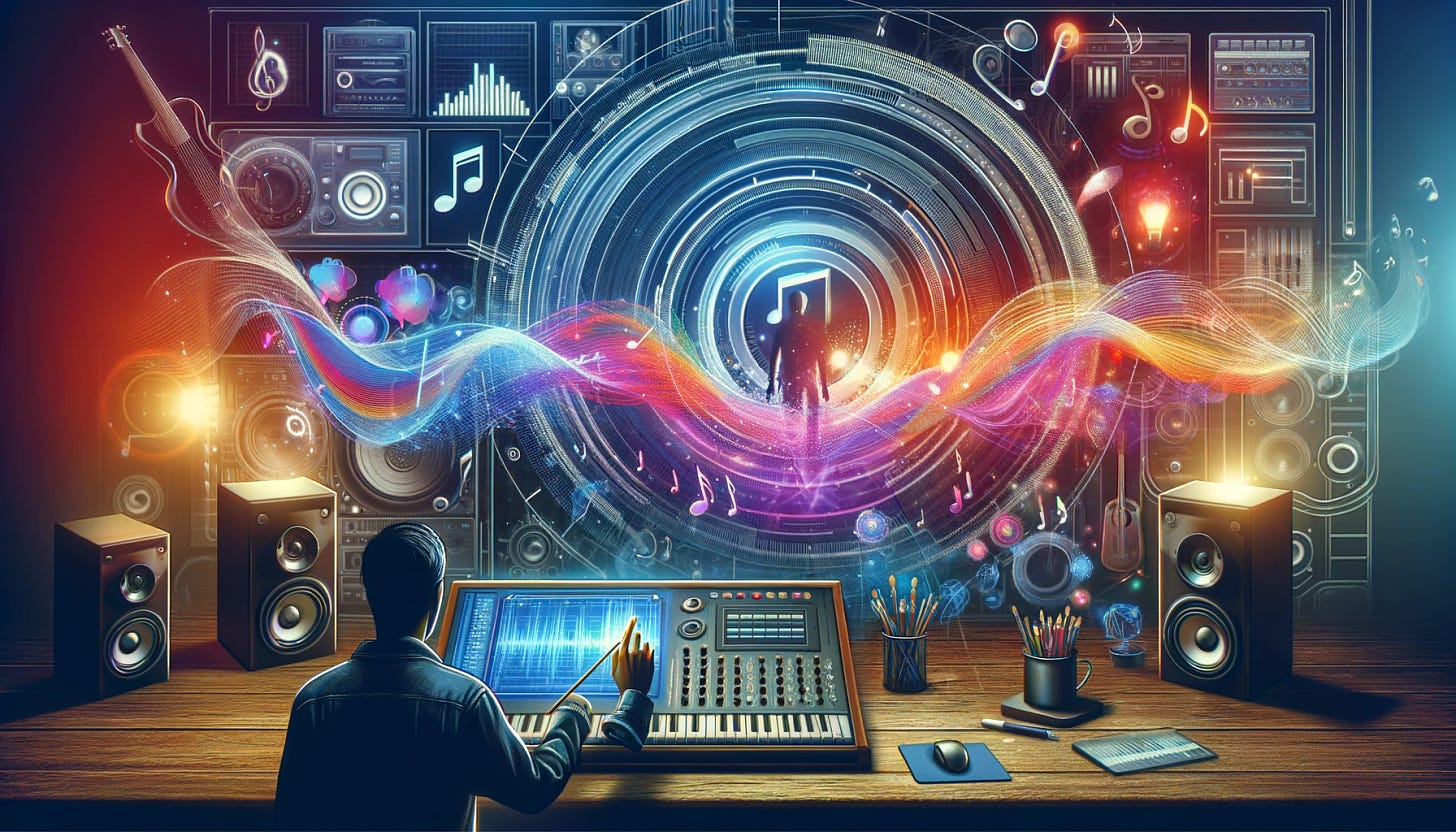 An illustration of a futuristic audio studio with advanced equipment, a user interacting with a digital interface to generate audio samples, vibrant sound waves visualized in the air, and a background showcasing various musical instruments and sound effects. The scene should convey creativity, technology, and innovation in audio production.