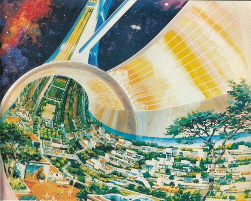 cutaway interior image of a Stanford Torus space station. The interior of the ring is coated in mirrors to reflect sunlight, and the bottom is carpeted in homes and agricultural land