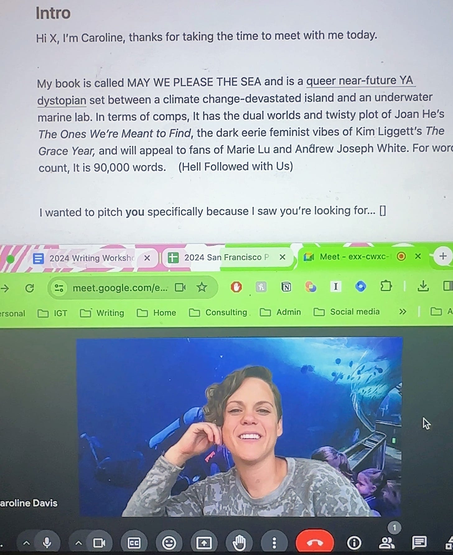 a woman smiling on a Zoom meeting screen with a scuba diver as her background and a word doc with text above her for reference as she reads it