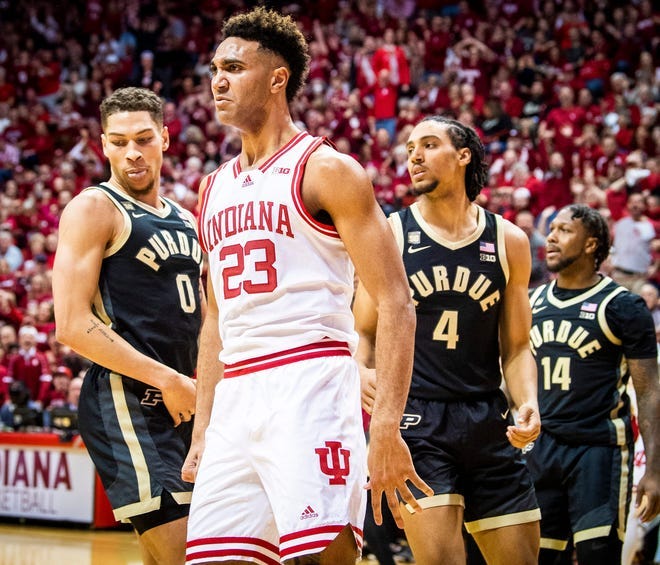 Indiana's Trayce Jackson-Davis stares at the Purdue bench after a dunk during the first half.