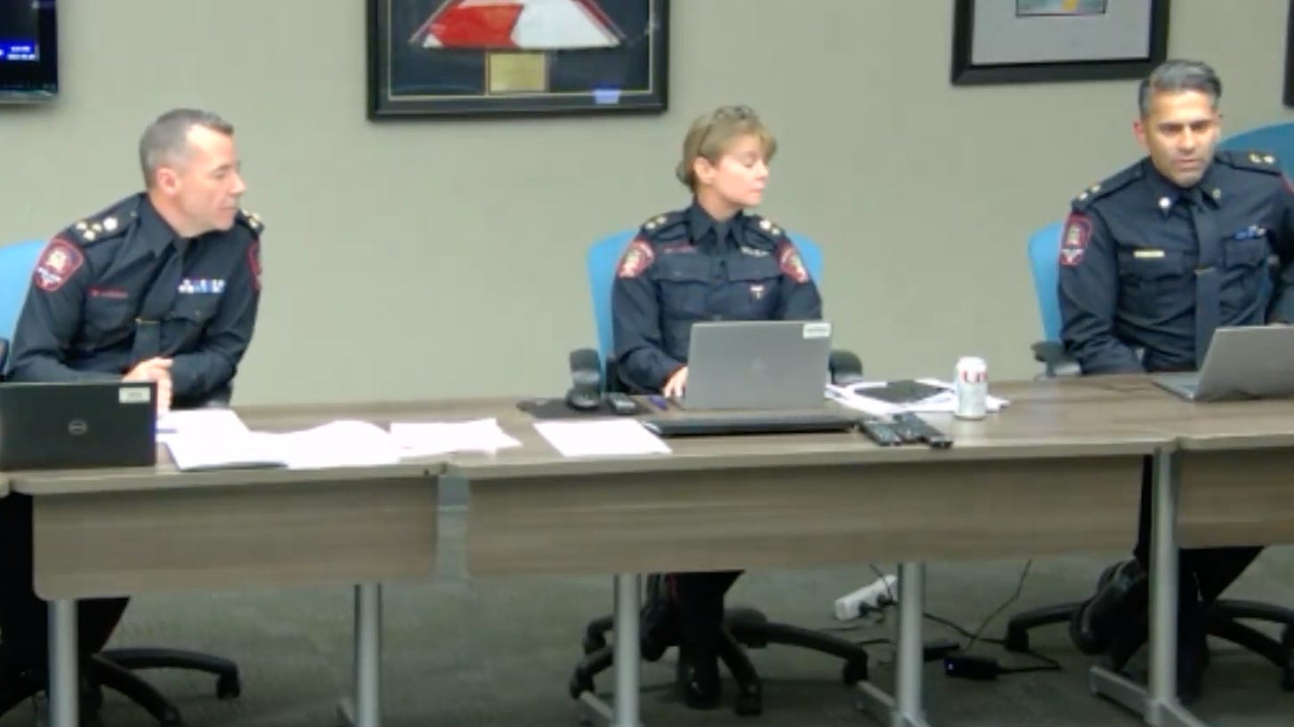 Three members of Calgary Police leadership respond to a question posed by media, at the June 2023 Commission meeting