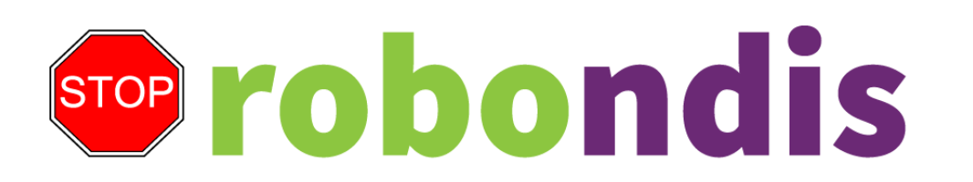 Logo text that reads ‘Stop robondis’  The word ‘stop’ is a red stop sign. The text ‘robo’ is green. The text ‘ndis’ is purple.