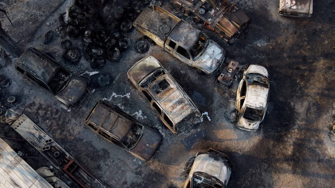 Aerial view of Charred cars in Canadian, TX. 