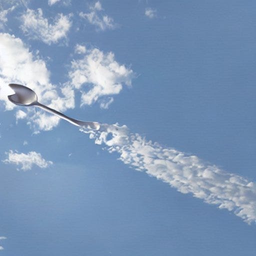 a spoon-like object flying through the sky with a sort of contrail-ish cloud coming out the handle
