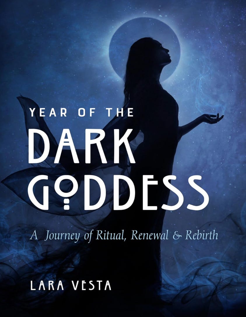 year of the dark goddess book cover, a shadowy woman with a dark moon behind her