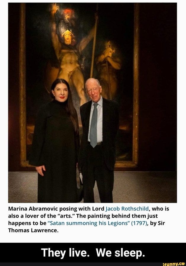 Lord Jacob Rothschild and Marina Abramović stand in front of Satan summoning his Legions.
