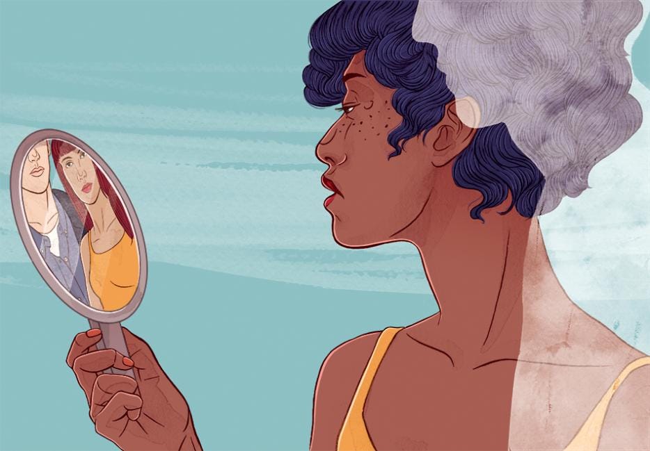 Illustration by Stephanie Singleton. A black woman with freckles and a yellow tank top is looking into a hand mirror. A long haired red head wearing the same yellow tanktop looks back at her. The reflection is leaning against the chest of a handsome white man in a blue shirt.