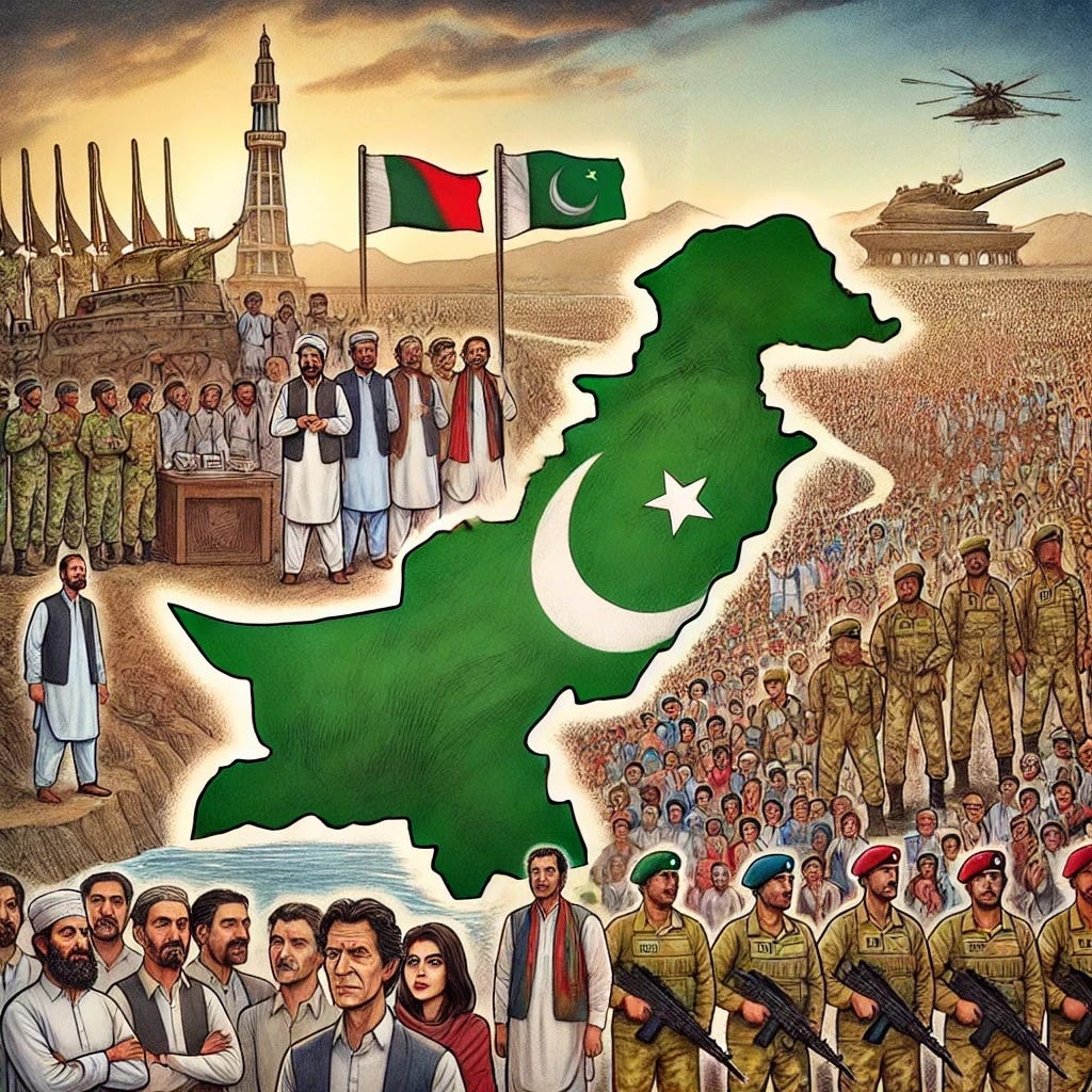 A detailed cartoon-style illustration representing Pakistan's complex political landscape post-election. The scene shows political parties symbolized by abstract Pakistani human figures representing PTI, MQM, and JI in a tense but hopeful atmosphere. In the background, multiple Pakistani flags wave over a divided map of Pakistan. Military symbols fade into the background, suggesting their waning influence. Crowds of diverse people are shown, symbolizing the public's desire for democracy, change, and accountability. The overall tone is reflective, highlighting a critical political crossroads for Pakistan.