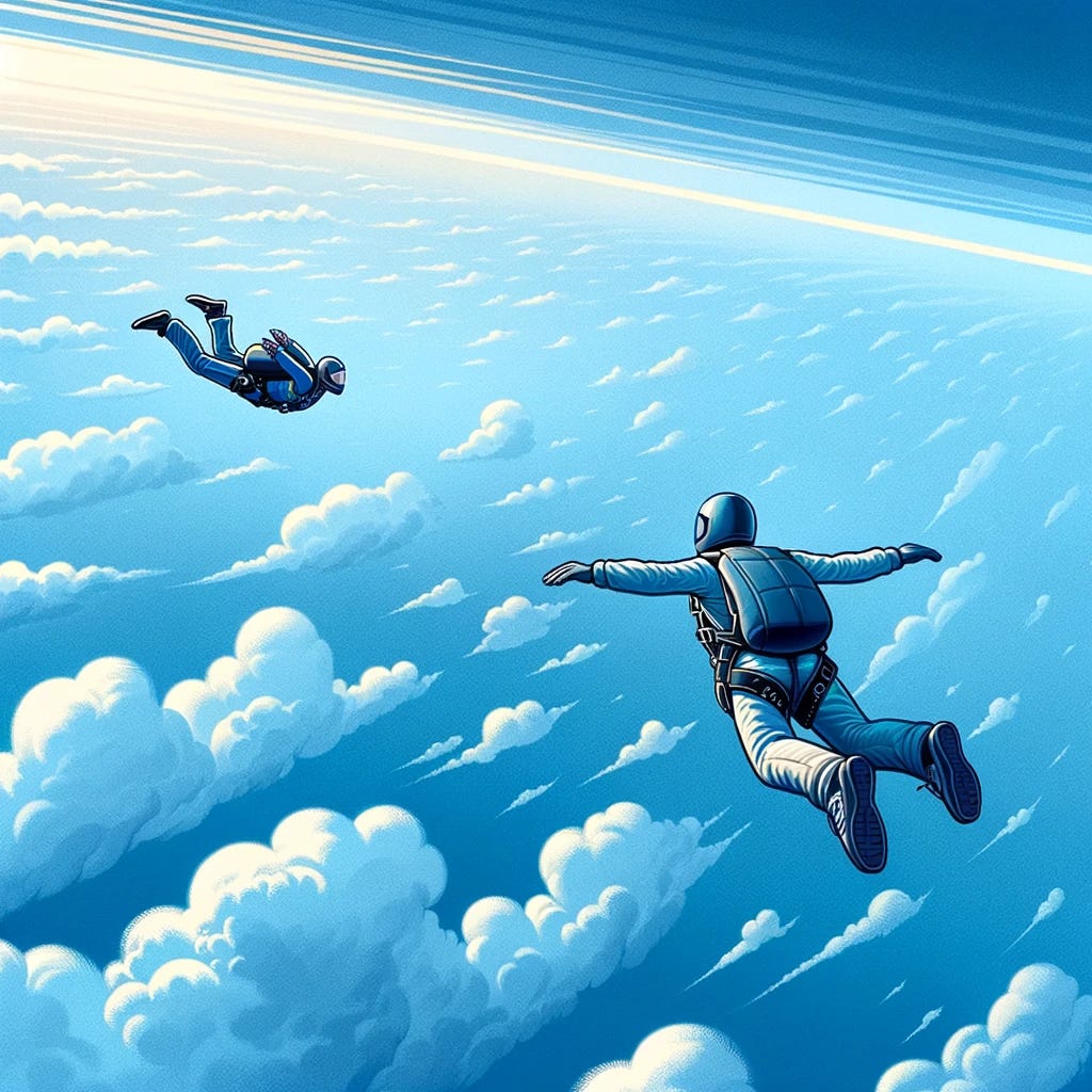 A cartoon image depicting two people skydiving from a distance, focusing on the vastness of the sky and the distance between the skydivers. One person is significantly higher in the air, almost a speck against the expansive blue sky, while the other is closer to the viewer, providing a sense of depth and perspective. Both are in full skydiving attire, but their forms are simplified due to the distance, emphasizing the feeling of height and space. The sky is a gradient of light to deeper blue, suggesting altitude, with a few fluffy clouds scattered to enhance the sense of scale. This scene captures the exhilaration of skydiving with a unique perspective on the relative positions of the skydivers.