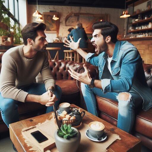 a man sitting in a cozy coffee shop who goes off and starts yelling at his male friend he is with in a tirade of anger