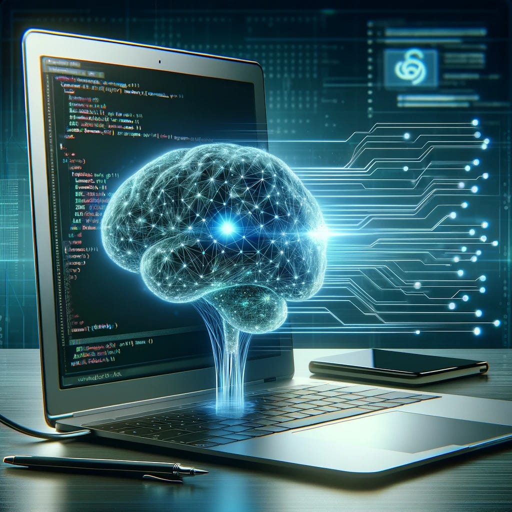 An image representing the concept of running advanced AI models locally on a computer, with a visual metaphor of a powerful AI brain connected to a laptop. The laptop screen displays lines of code and a neural network pattern, symbolizing the installation and running of AI models like ChatGPT. The AI brain should be futuristic and glowing, representing innovation and advanced technology. The background is sleek and modern, with digital elements and subtle hints of a home office environment, making it relatable to personal computer users.