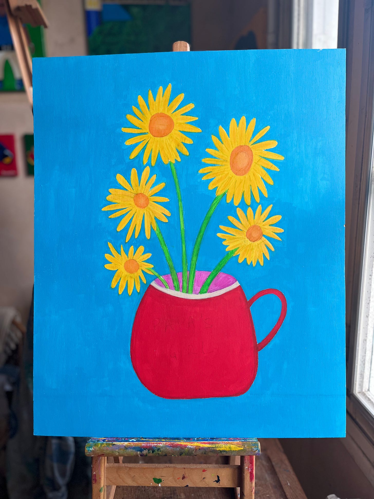 A painting of five yellow flowers in a red pot on a blue background