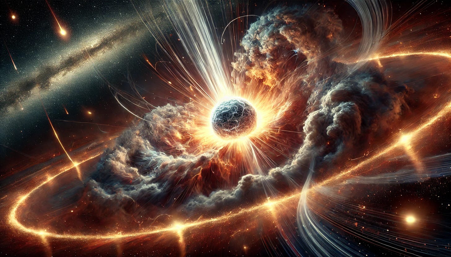 A dramatic visualization of a neutron star formation. Depict the aftermath of a massive star's supernova explosion, with a swirling, chaotic cloud of gas and cosmic dust collapsing inward. At the center, a glowing sphere representing the newly formed neutron star—small, extremely dense, and radiating intense energy. Surround the scene with streams of colorful plasma, shockwaves, and remnants of the destroyed star, showing a bright explosion fading into darkness. A distant cosmic background with faint stars and nebulae completes the image.