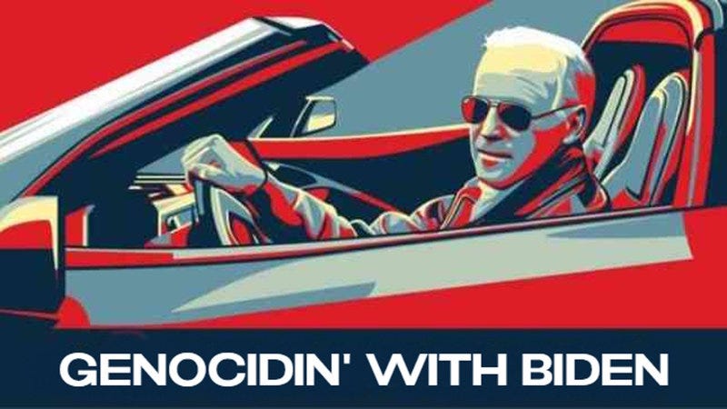 Edited version of "Ridin' with Biden" poster reading "Genocidin' with Biden" in reference to his nickname Genocide Joe.