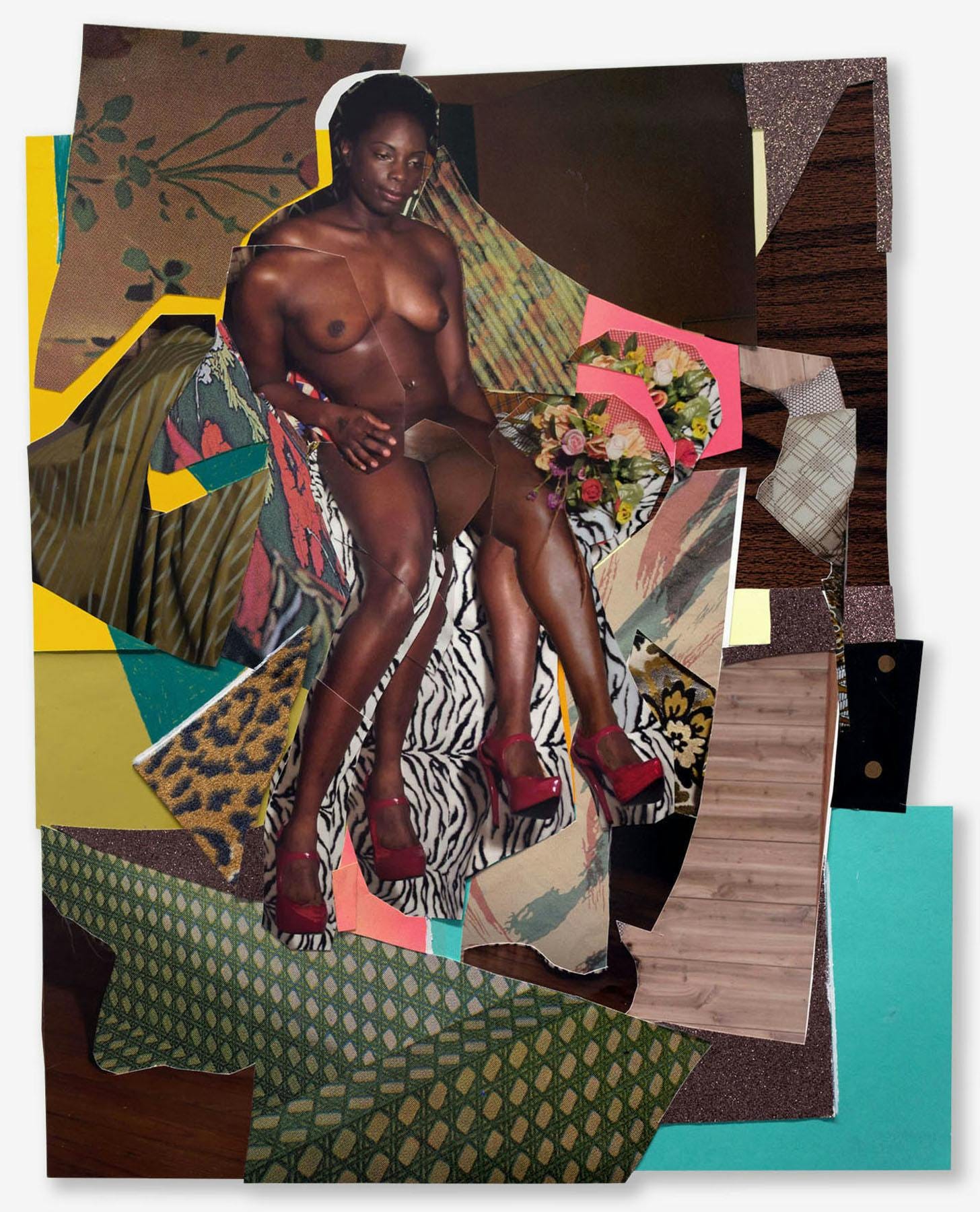 Marie is in the middle of the collage, and she has 2 additional legs. She is surrounded by different cut-out images, like bold colors and different patterns. Marie is in the middle of the collage, and she has 2 additional legs. She is surrounded by different cut-out images, like bold colors and different patterns.