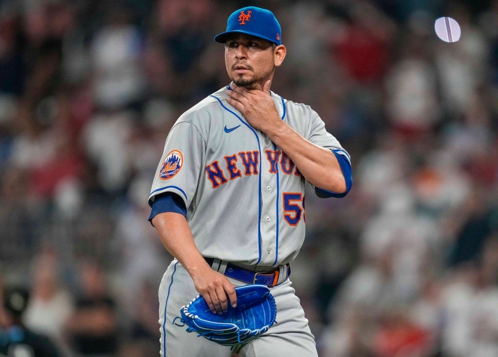 Carlos Carrasco exits the game during the sixth inning of the Mets' loss.