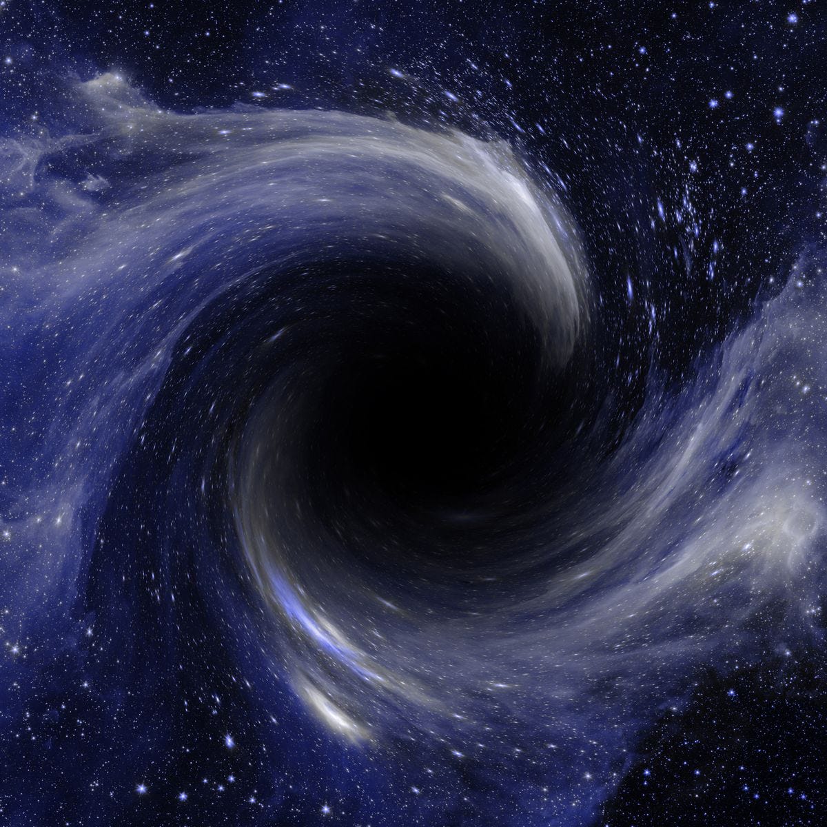 A dark star sits at the centre of a swirl of blue-grey matter swirling in a vortex against the blackness of deep space.