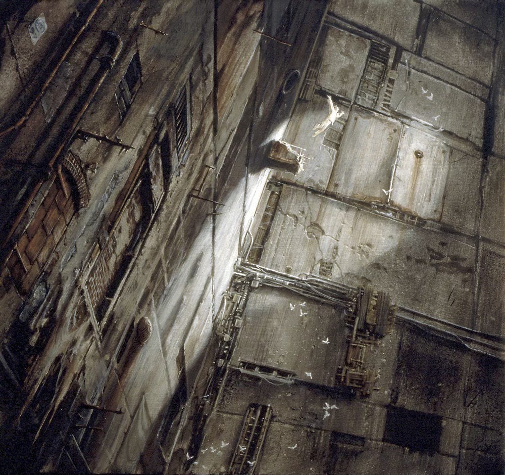 "A low angle, slightly tilted perspective looking up an immense chamber. The walls of segmented concrete are dilapidated and filthy. As light shines down into the cavernous space, a solitary figure leaps off his makeshift perch into open air with arms spread wide. Below, a flock of doves stirs with the commotion, fluttering up through the chamber.