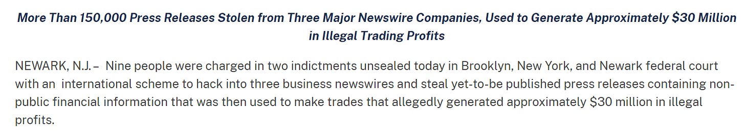 stolen press releases from newswire used in illegal trading