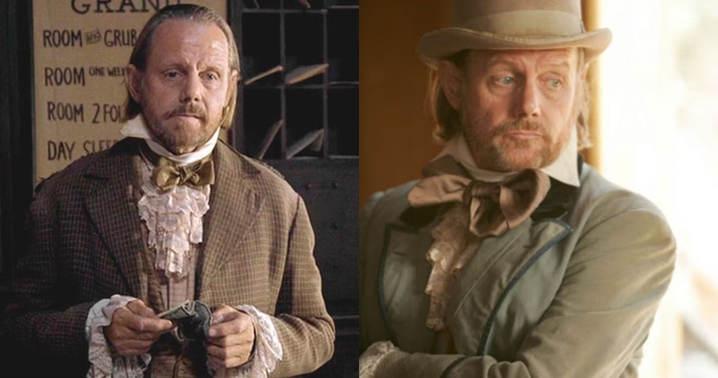 This diptych shows two different stills of Deadwood mayor E.B. Farnum (played by William Sanderson). On the left, Farnum stands at the front desk of his hotel. On the right, a nattily dressed Farnum stands inside the Gem Saloon and gazes at something (or someone) off-camera.