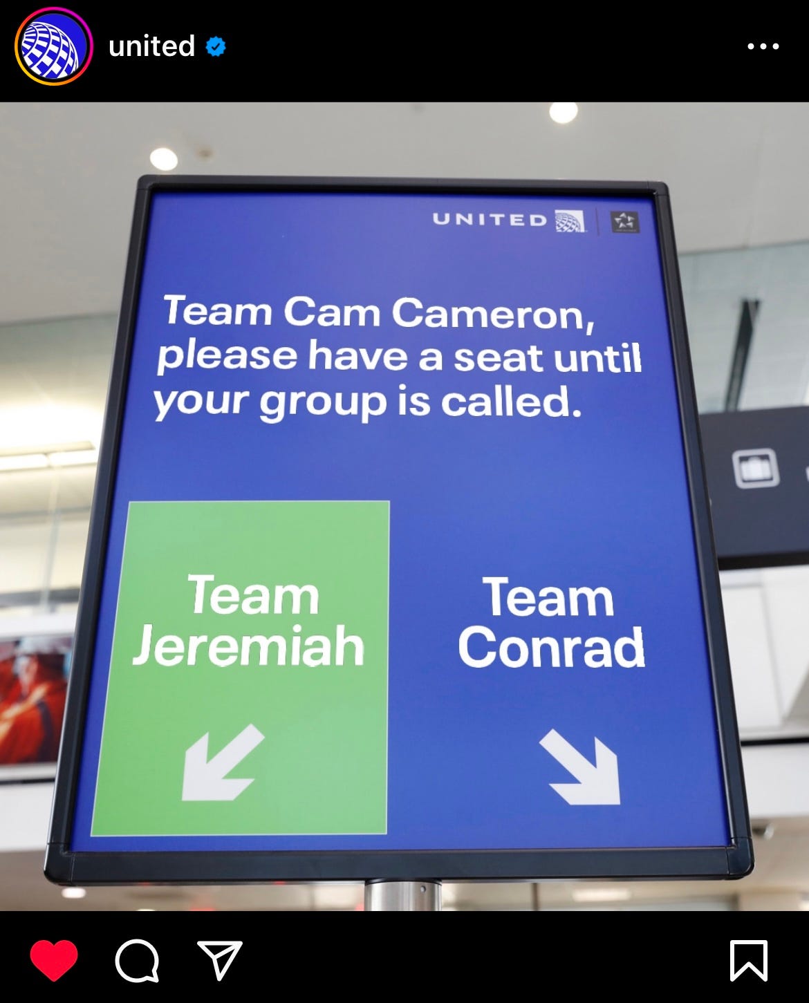 Screenshot of United Airlines' Instagram post that says "Team Cam Cameron, please have a seat until your group is called, and then boarding signs for Team Jeremiah and Team Conrad.