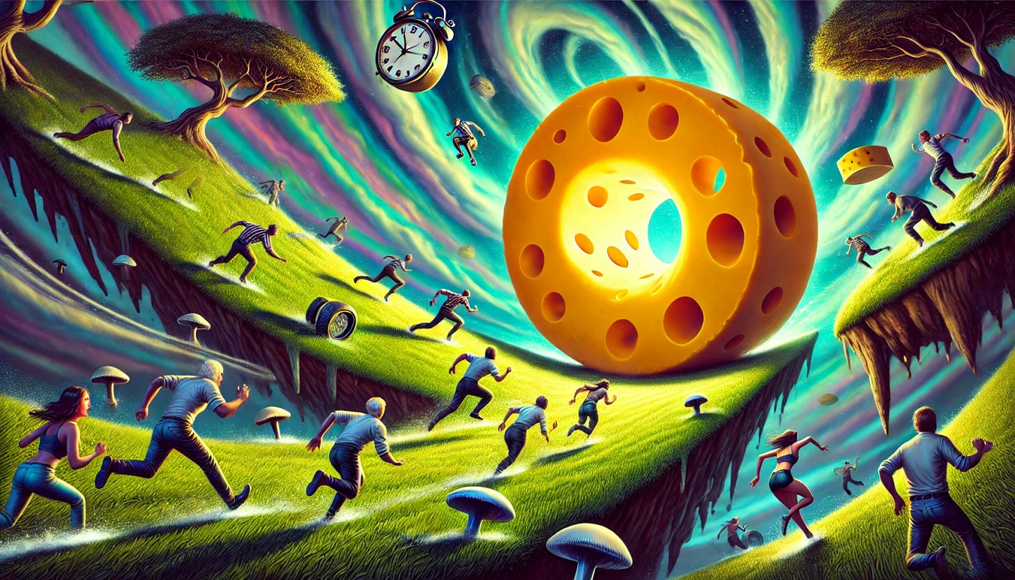 A large, round wheel of cheese, glowing with a mystical aura, rolling downhill on a steep grassy hill. Behind it, a group of competitors are running downhill, determined to catch the cheese, with arms and legs pumping as they chase after it. The landscape is surreal with sideways-growing trees, floating rocks, and a giant melting clock draped over the single hill. A small crowd in the distance is cheering and waving bizarre banners. The sky is swirling with vibrant, unusual colors, adding to the surreal atmosphere.