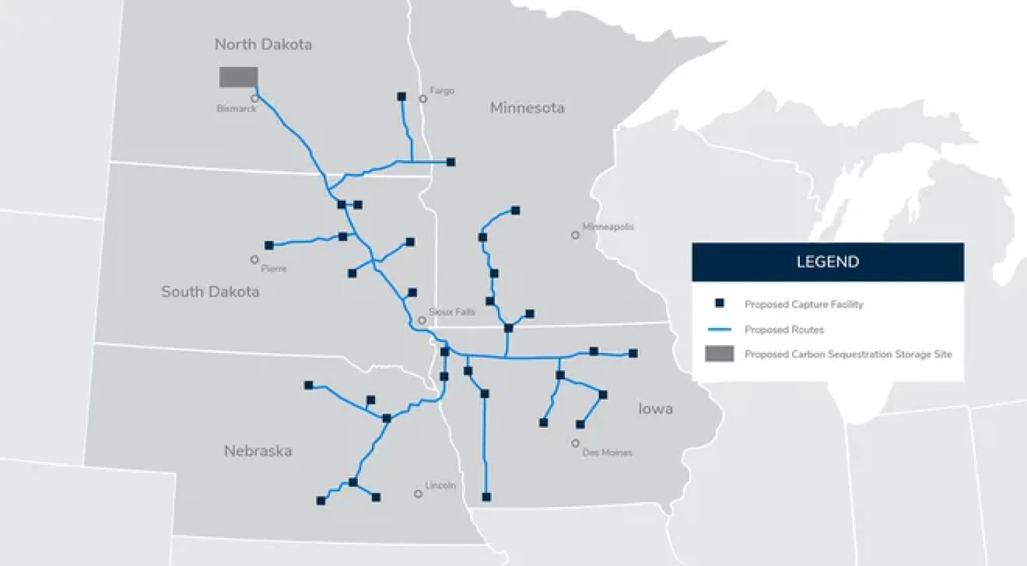 Summit Carbon solutions proposed carbon capture pipeline would transport liquified C02 from ethanol plants in South Dakota, Iowa, Minnesota and Nebraska to North Dakota.
