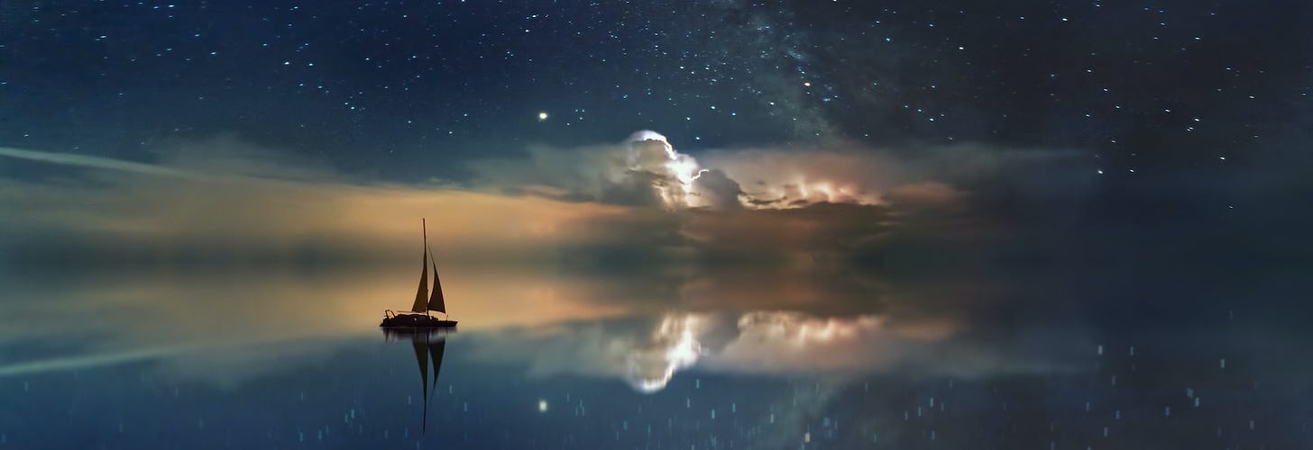 A ship sailing into the great beyond with clouds and reflections