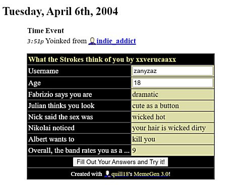 Screenshot of a livejournal post dated Tuesday April 6th 2004 with a 'meme' titled 'what the Strokes think of you'