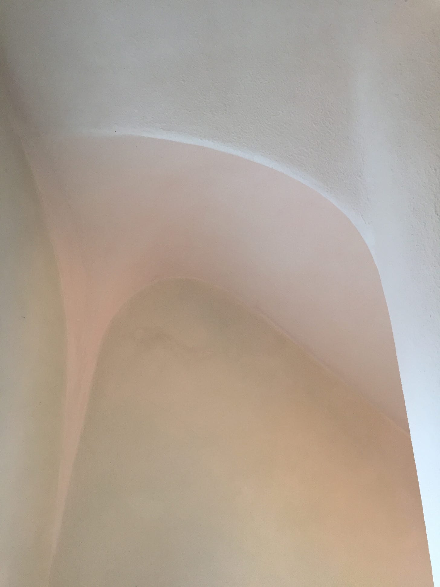 A shot of a curved wall and roof that catches light pink light.