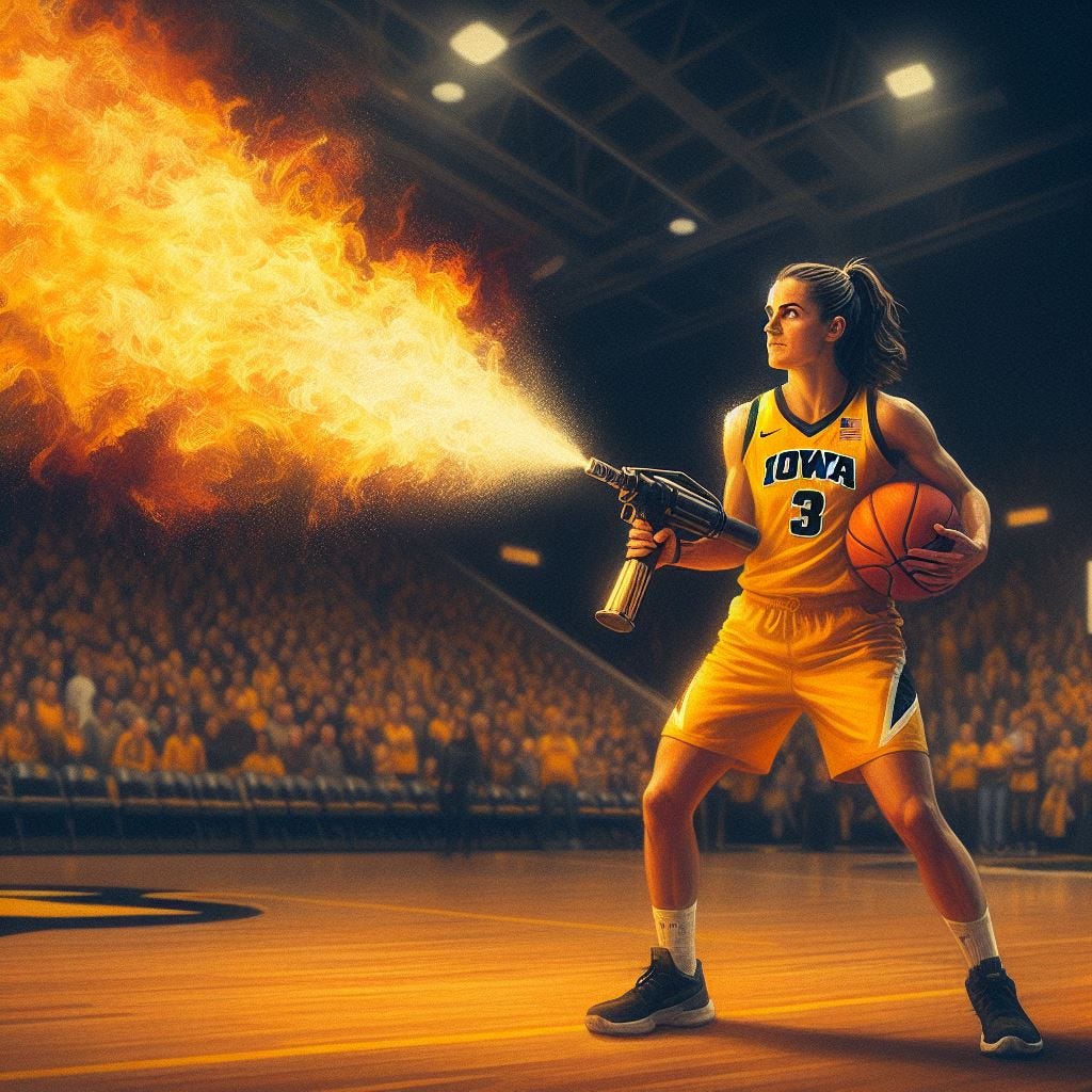 Iowa women's basketball player Caitlin Clark taking a flamethrower to a basketball court, impressionism