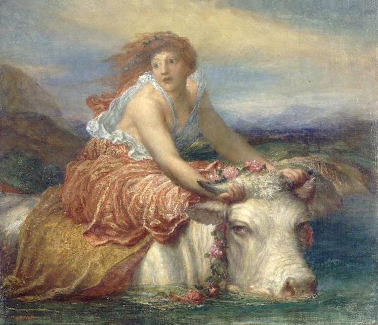 A painting depicting Europa on the back of Zeus as the white bull, half submerged in water as he swims with her on his back to Crete. A garland of flowers is around his neck.