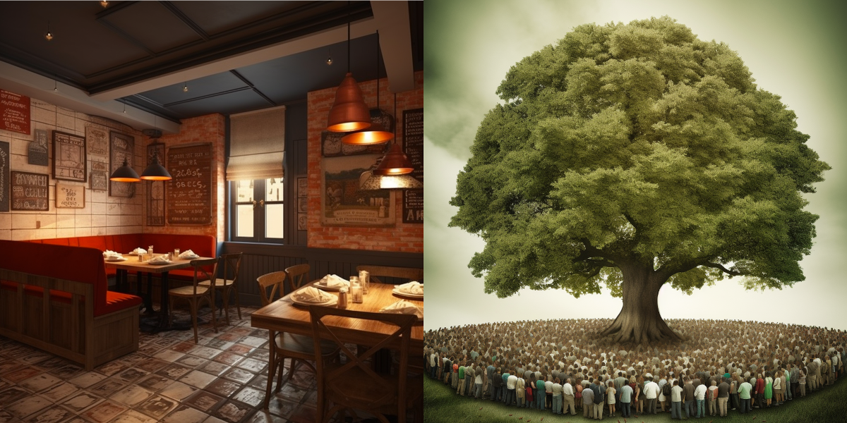 An image divided into two contrasting sections. On the left, a cozy, detailed traditional pizzeria scene is portrayed, filled with warm colors, indicating a niche appeal. On the right, a group of diverse individuals, each unique in design, gather under a large, protective tree, signifying unity and broad appeal. Both sections harmoniously employ a neutral color scheme to communicate a branding and marketing concept.