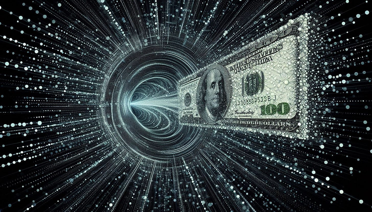 AI generated image of a one-hundred dollar bill in a vortex of points 