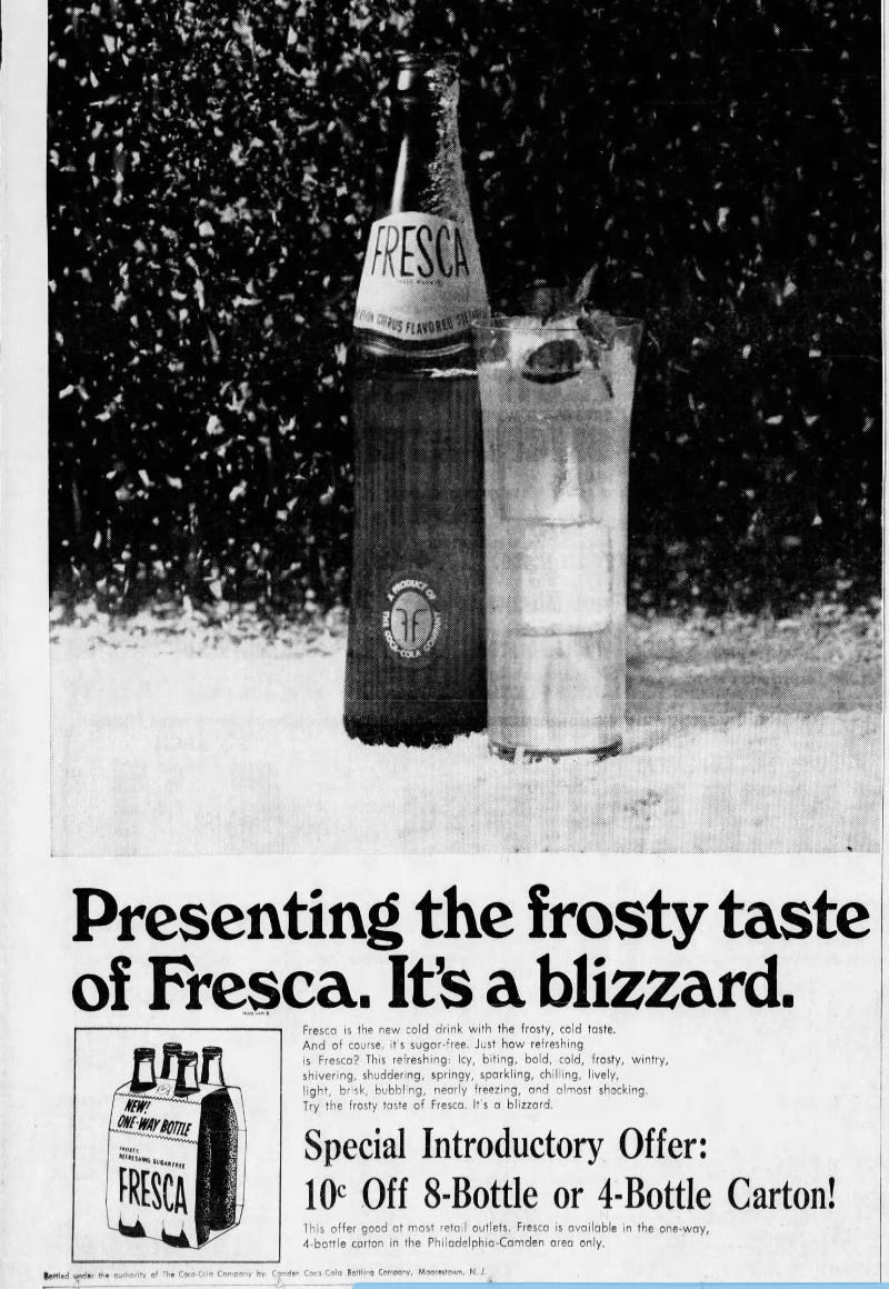 A 1966 newspaper ad for Fresca, with the bottle pictured under falling snow