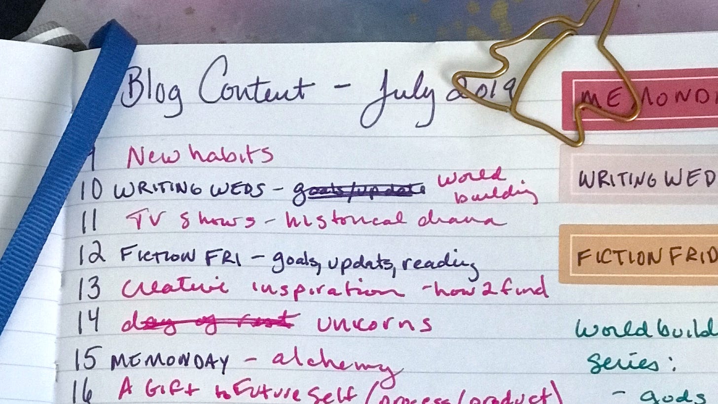 A journal page that shows a Blog Content plan for July 2019
