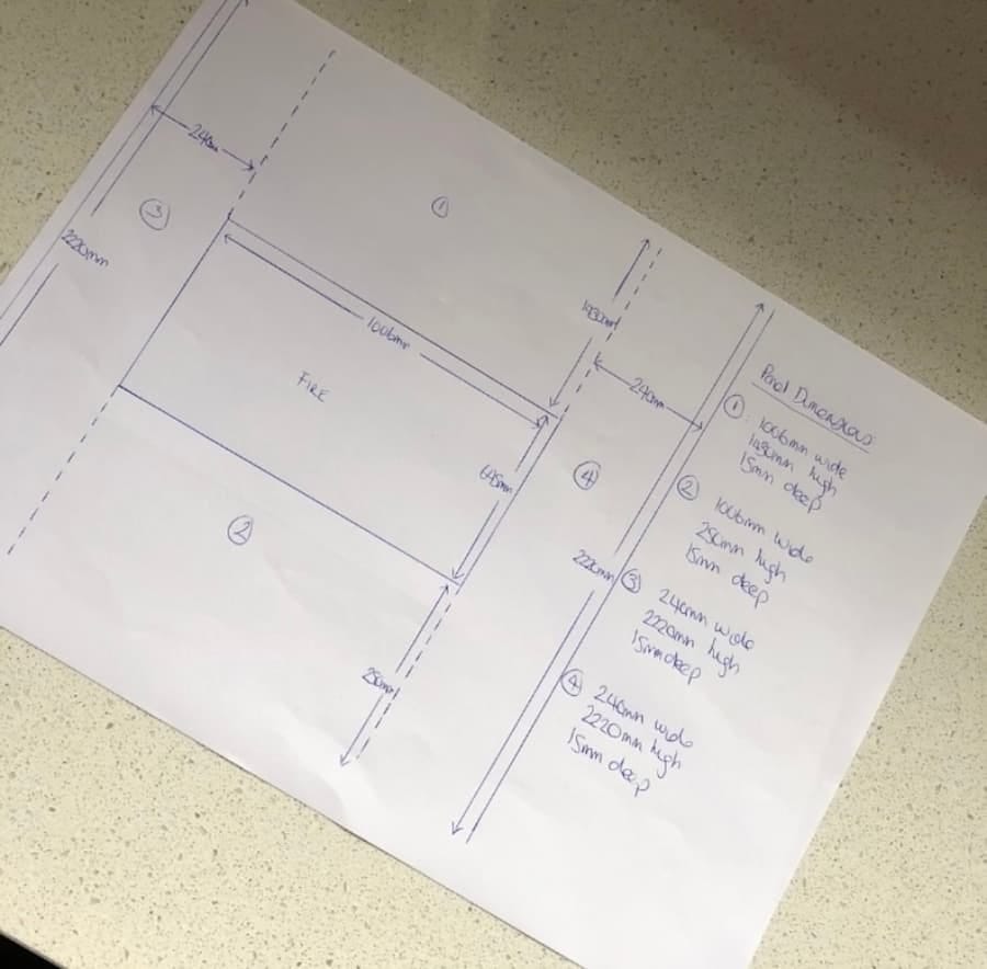 Original paper design with measurements for the wooden panelled feature wall.