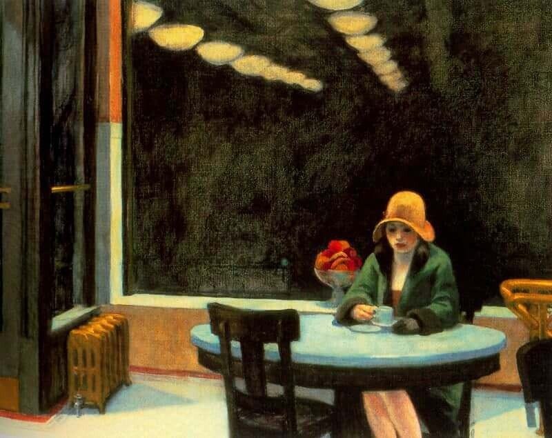 Painting of a woman in a coat and hat, sitting alone at a table in an empty cafe at night, holding a cup of coffee