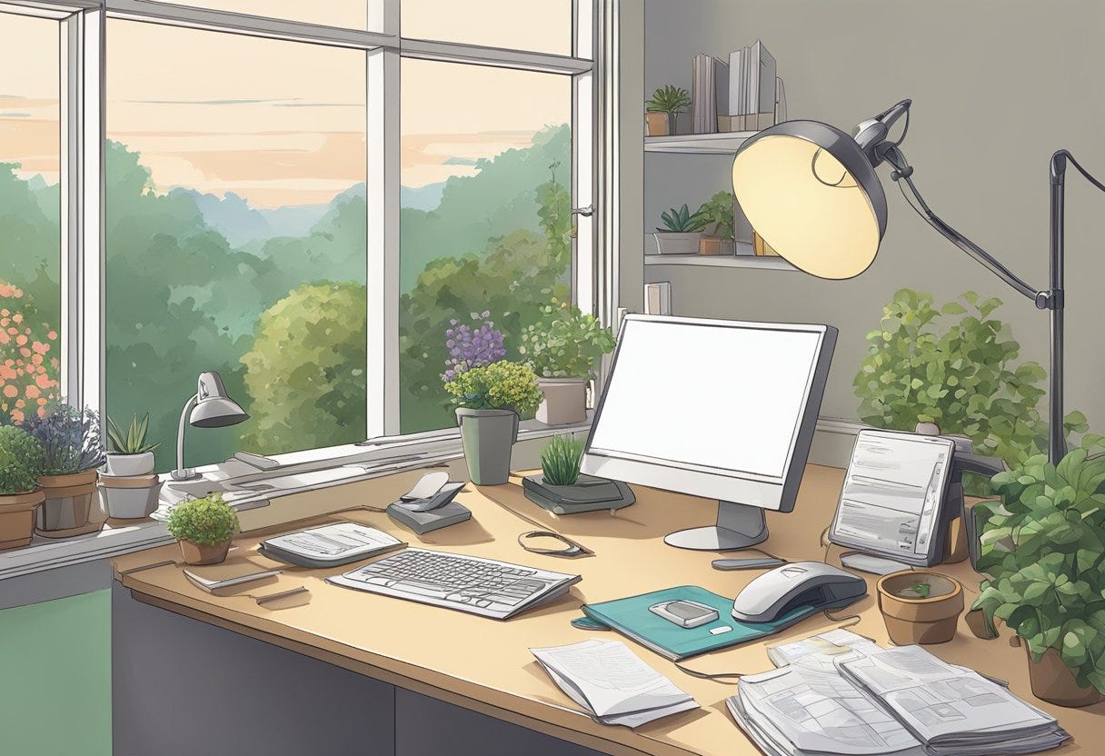 A cluttered desk with scattered papers, a ringing phone, and a computer screen displaying multiple open tabs. A window overlooks a serene garden