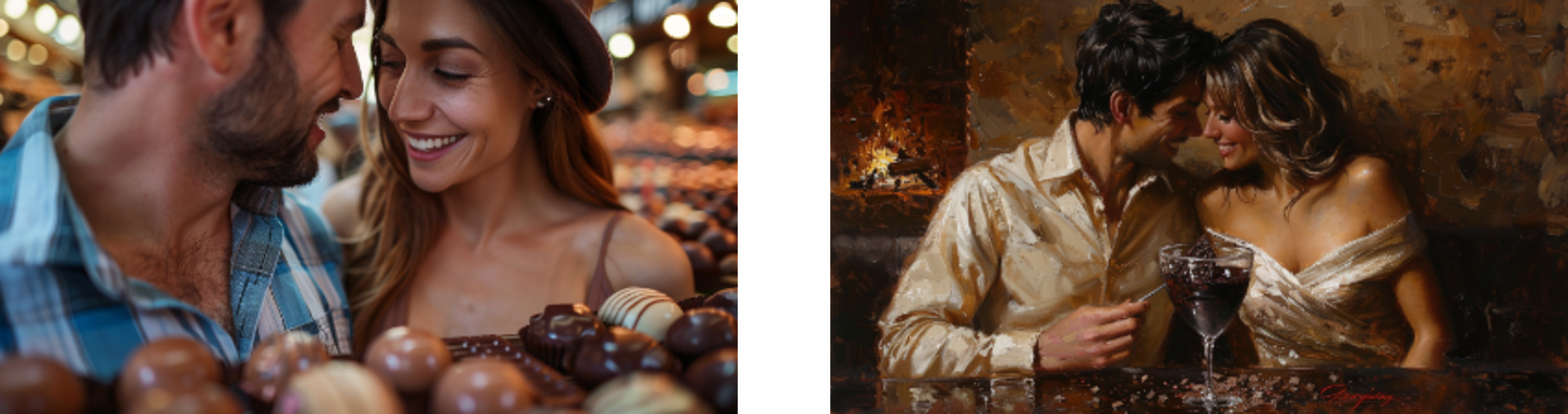 Left: A couple sharing a joyful moment while surrounded by an array of chocolates in a market. Right: An oil painting of a couple enjoying a romantic dinner with glasses of wine, gazing into each other's eyes.