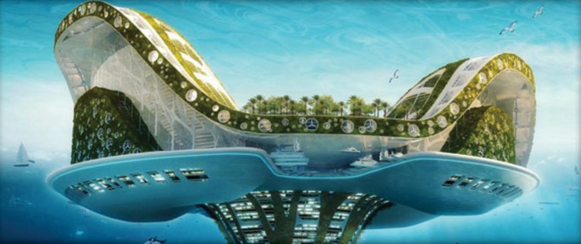 A futuristic building with trees and a blue sky

Description automatically generated with medium confidence