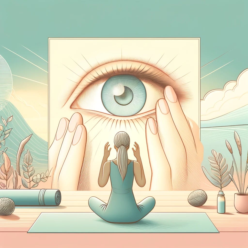 A square image focusing on the theme of eyes, self-care, and exercise. The image should feature a serene, calming background, perhaps a soft natural landscape or a tranquil indoor setting. In the foreground, depict a person performing a gentle eye exercise or relaxation technique, such as palming their eyes, with a look of peaceful concentration. Include elements that suggest self-care and wellness, like a yoga mat, water bottle, or plants. Ensure the eyes are a focal point, radiating calmness and clarity.