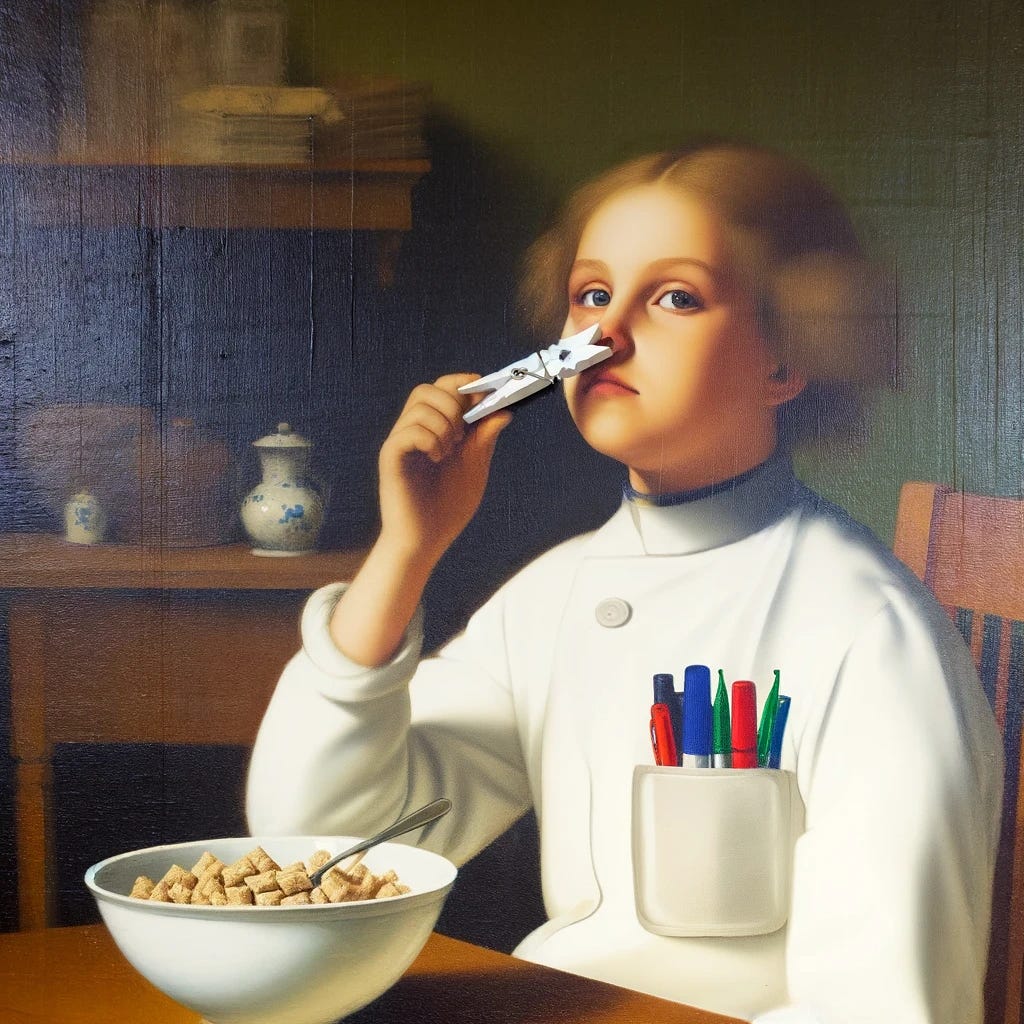 Refine the neoclassical style painting to include a young girl scientist in a white lab coat, now enhanced with a pocket protector filled with pens and a lab notebook tucked under her arm, seated in front of a bowl of cereal. She still has a white clothespin pinching her nose to avoid tasting the food and is looking directly at the bowl with a complex mix of curiosity and reluctance. The addition of the pocket protector and lab notebook emphasizes her identity as a scientist, enriching the narrative of her encounter with the mundane challenge of eating an unappealing meal. The scene is set in a domestic kitchen, with the artwork capturing the detailed realism and elegance of neoclassical art, focusing on her detailed expression, the textures of the cereal, and her scientific approach to solving everyday problems.
